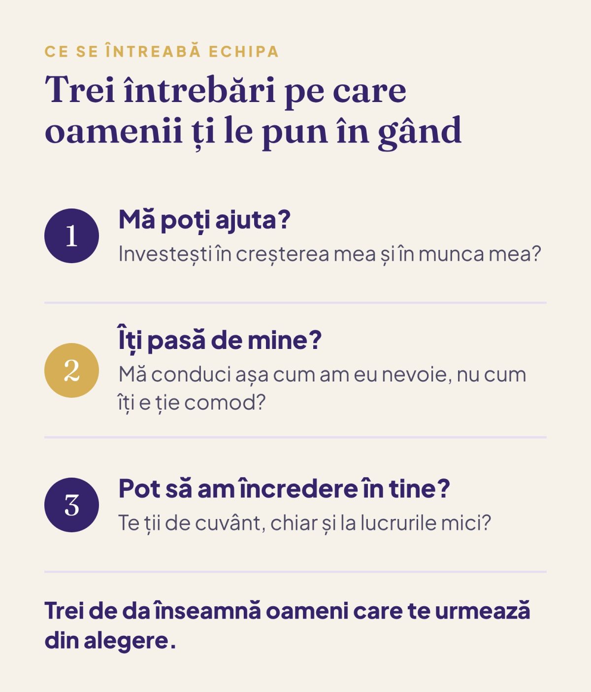 Cele trei întrebări pe care și le pune echipa despre lider: mă poți ajuta, îți pasă de mine, pot să am încredere în tine